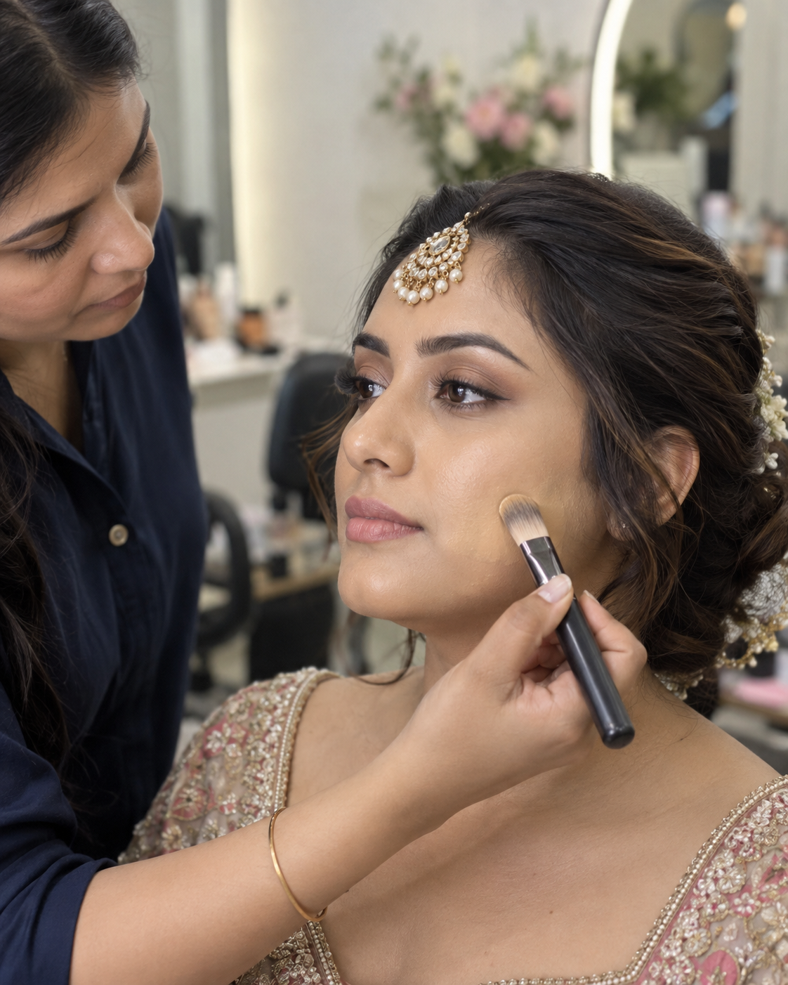 Editorial technique visual of a professional artist applying bridal foundation in a thin even layer