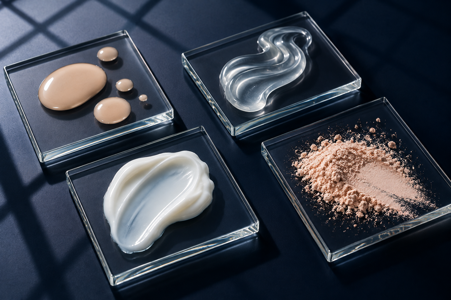 Editorial macro visual comparing fluid foundation, silky primer, cream and setting powder textures