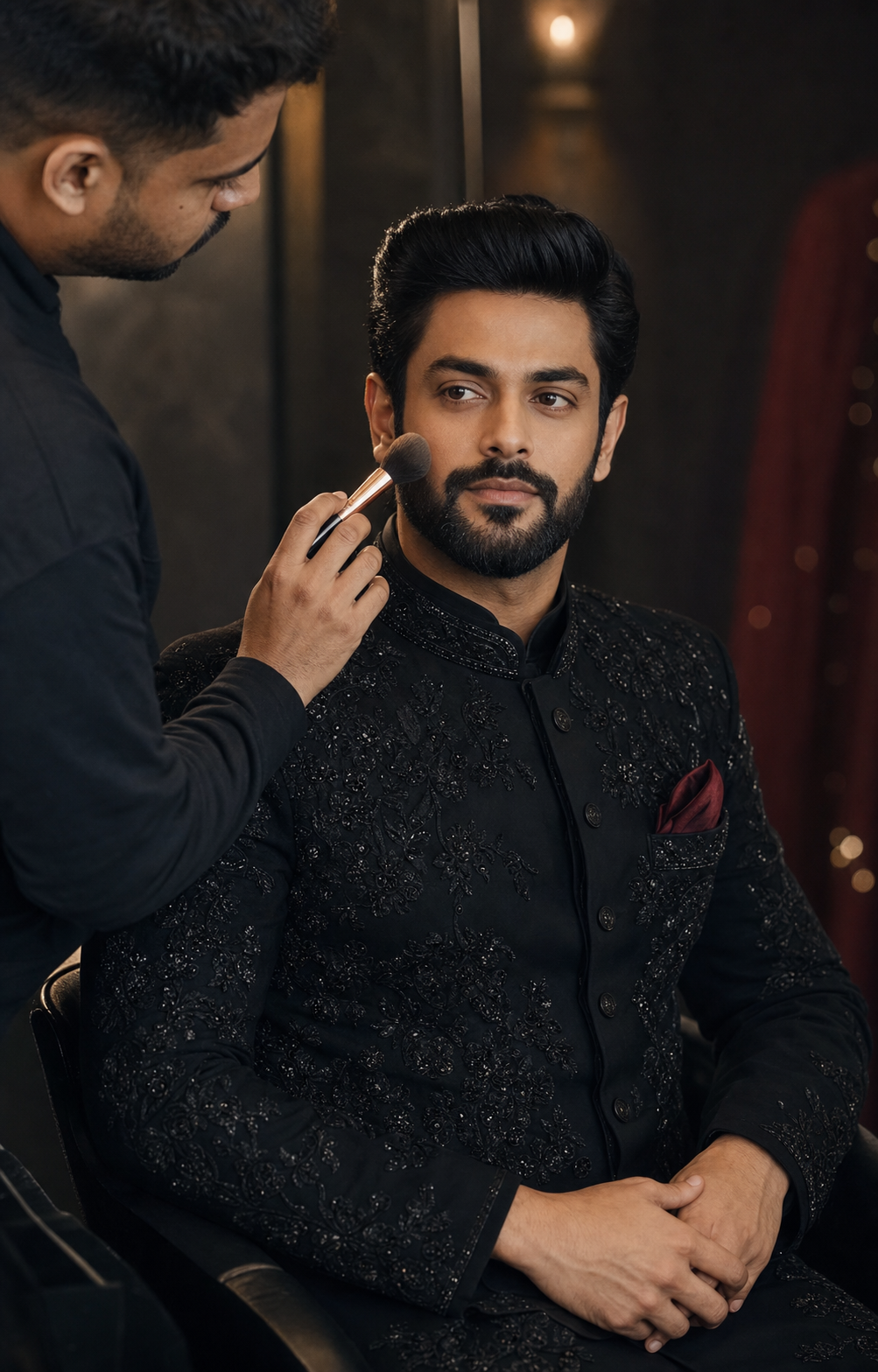 Original editorial photograph showing professional groom makeup