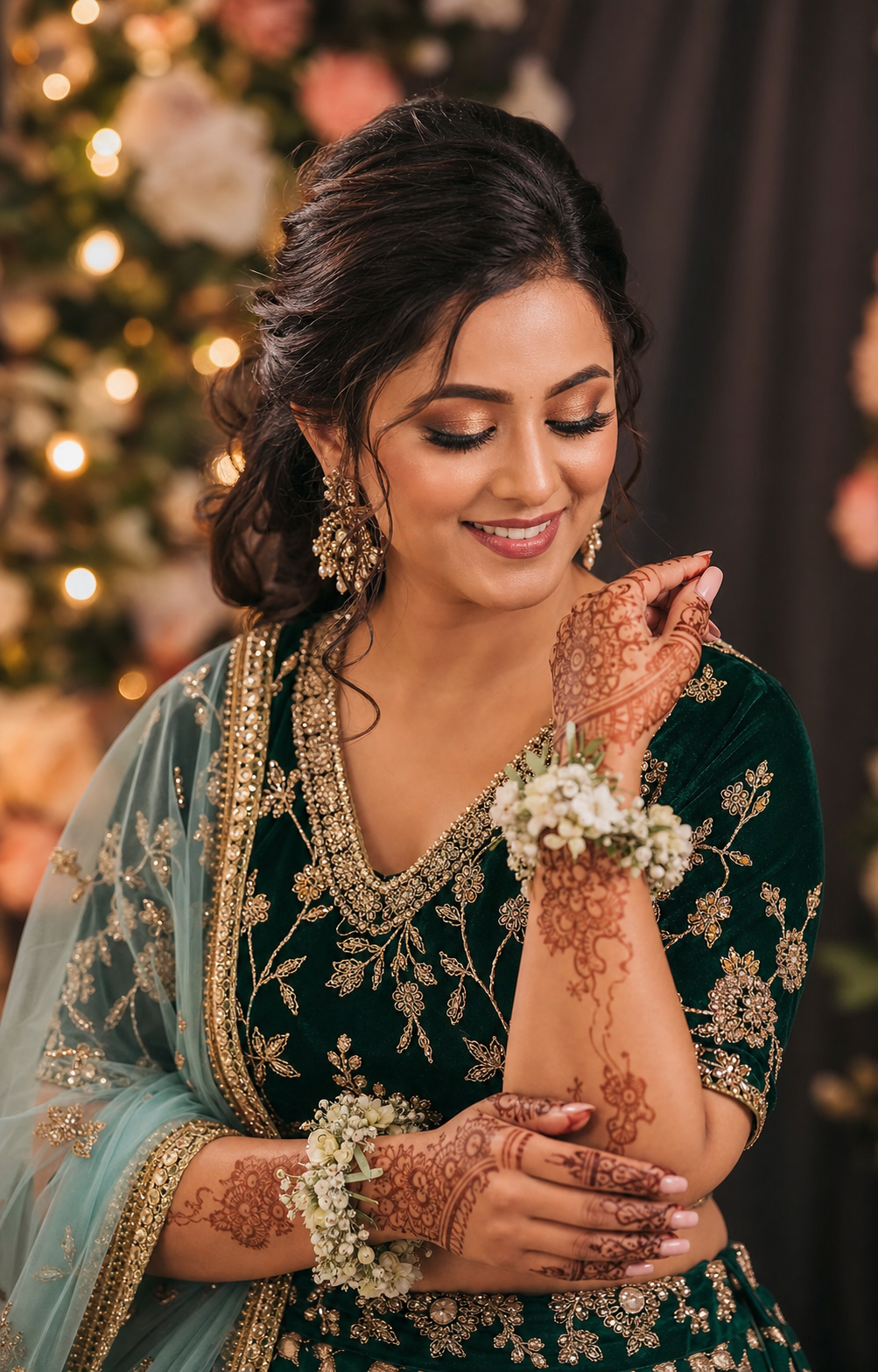 Original editorial portrait showing festive pre-wedding makeup