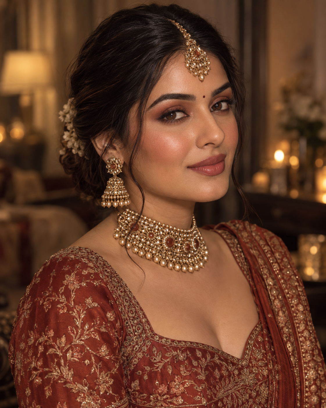 Editorial palette study of bronze eyes terracotta blush and caramel-rose lips