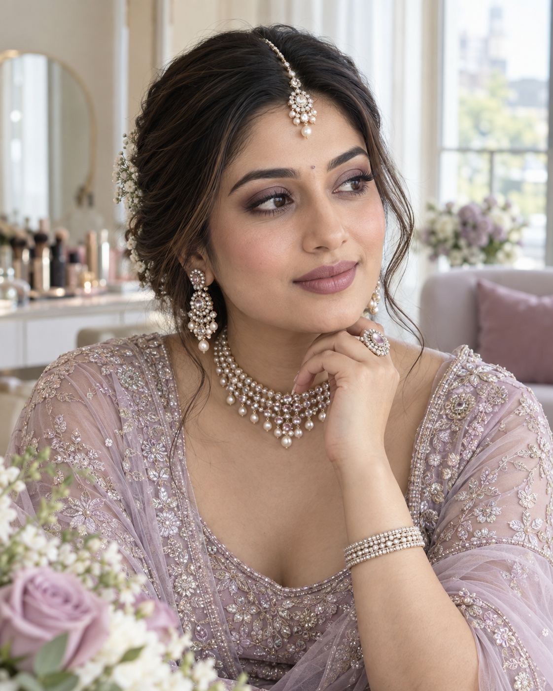 Editorial palette study of soft mauve makeup with a lilac outfit and pearl jewellery