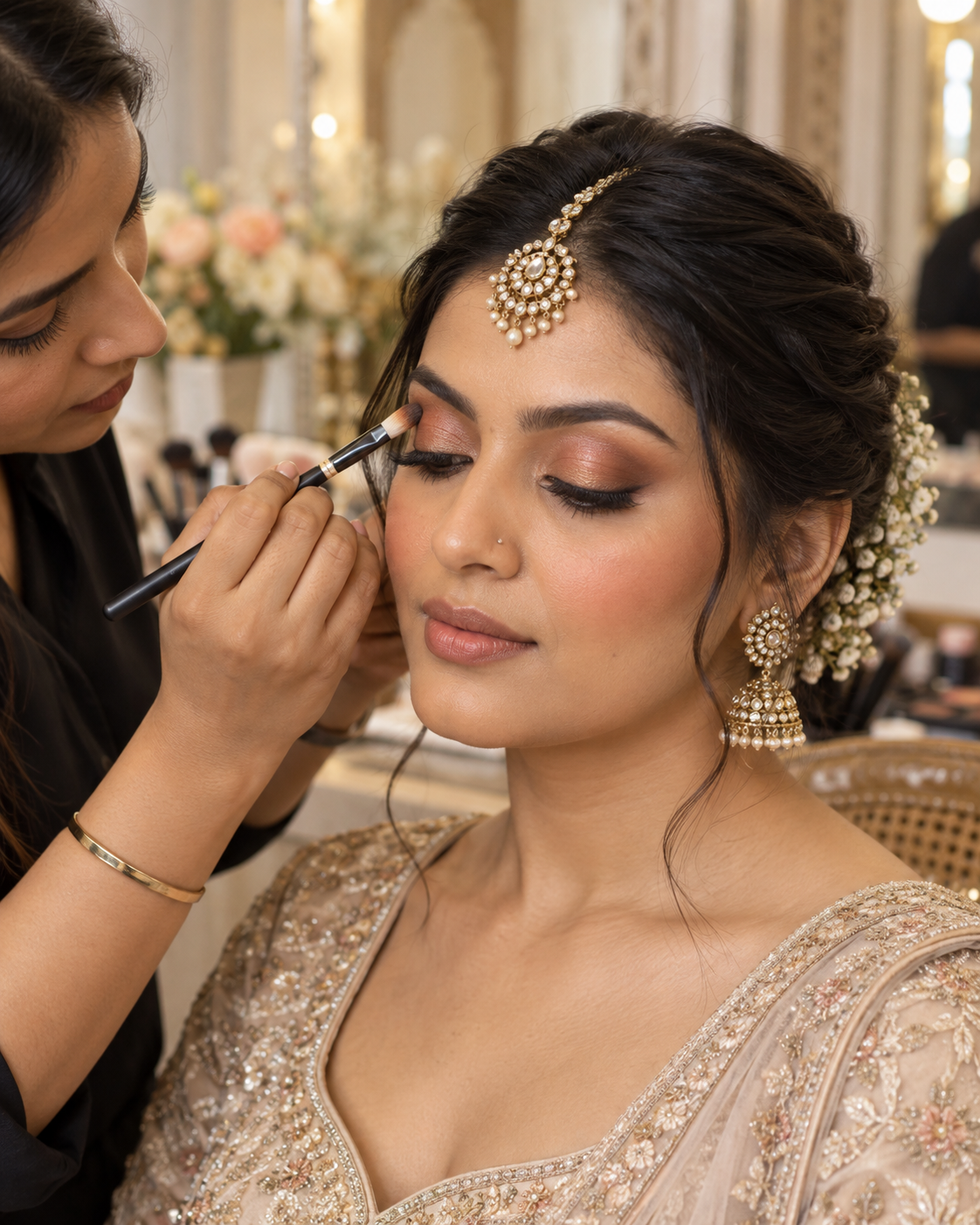 Editorial visual of a makeup artist applying peach and bronze eye makeup as part of a coordinated bridal colour story