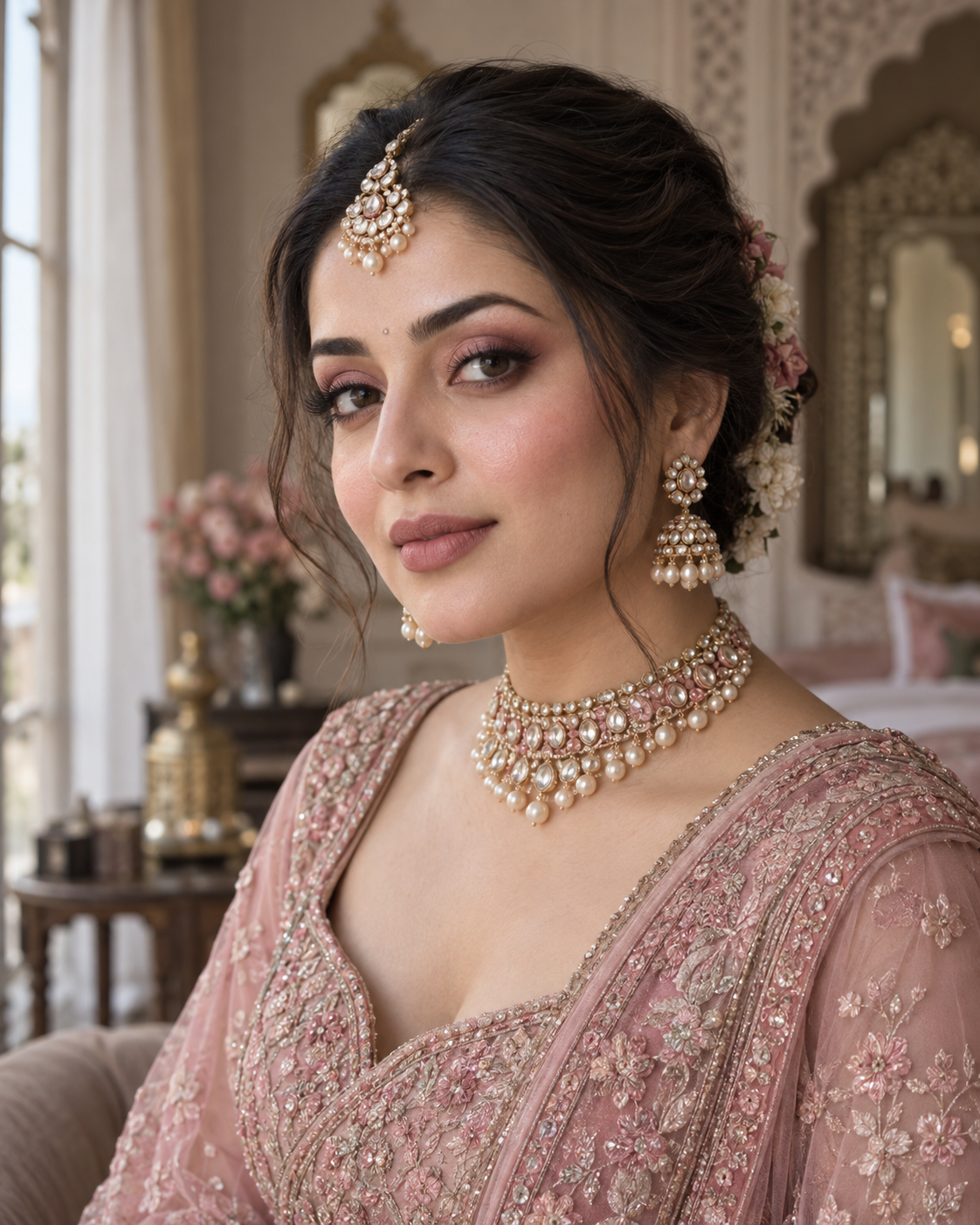 Editorial palette study of dusty-rose eyes blush and lips with a pink bridal outfit