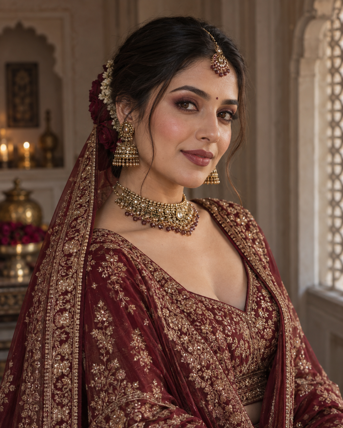 Editorial palette study of rosewood makeup coordinated with a deep maroon bridal outfit